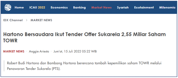 Berita tender offer TOWR 2022